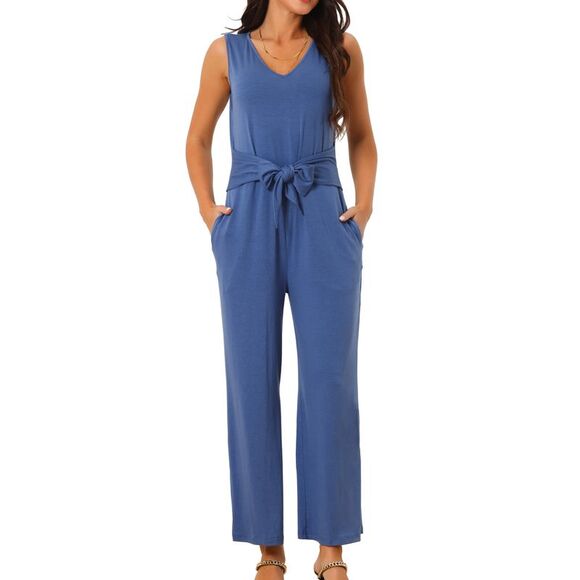 Sleeveless Tie Waist Stretchy Long Pant Romper Jumpsuit with Pockets Blue - Picture 1 of 5